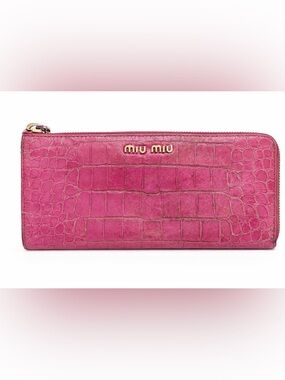 Miu Miu Pink Croc Embossed Leather Zip Around Wallet Italy